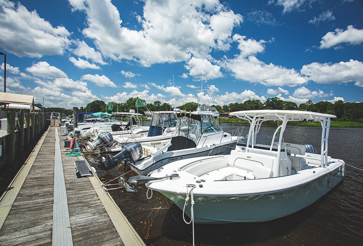 Boats docked at marina
