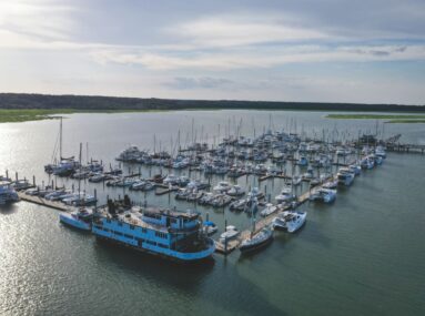 vue aérienne du port de Skull Creek, où de nombreux bateaux sont amarrés