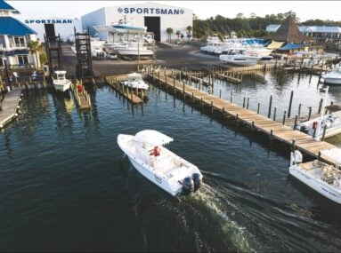 boat pulls in the the dock at safe harbor sportsman