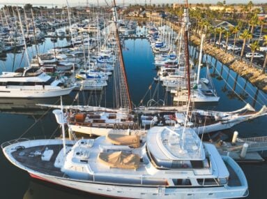 top view of a marina with many boats docked