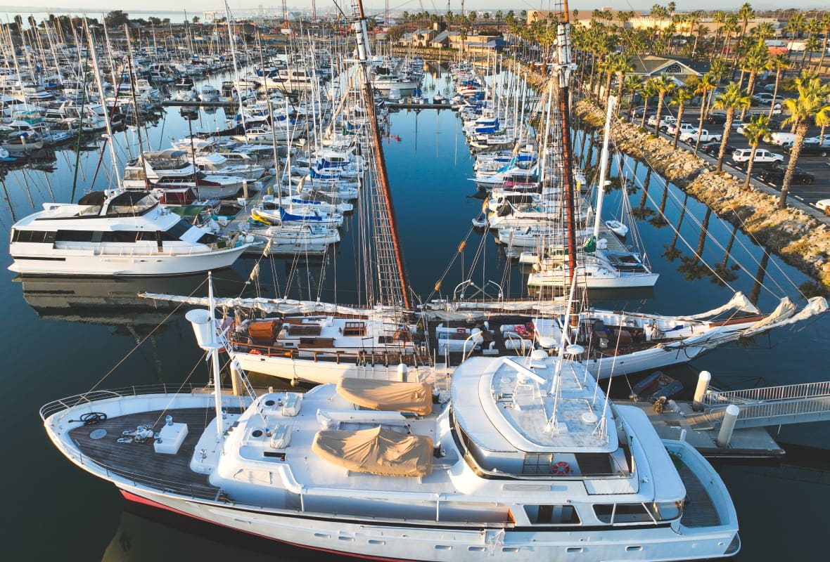 top view of a marina with many boats docked