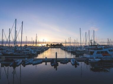 wide view of a marina at sunset
