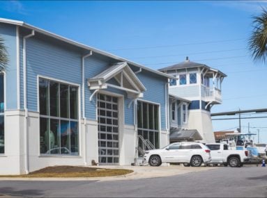 marina building with cars