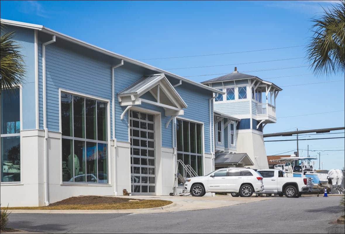 marina building with cars