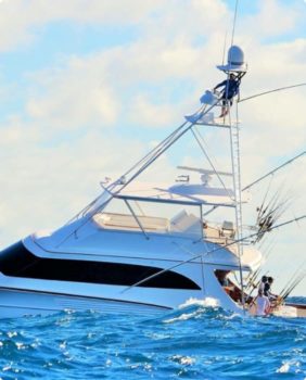 yacht with manny fishing poles on the back