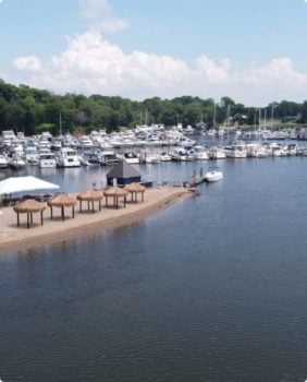 beach style huts and marina