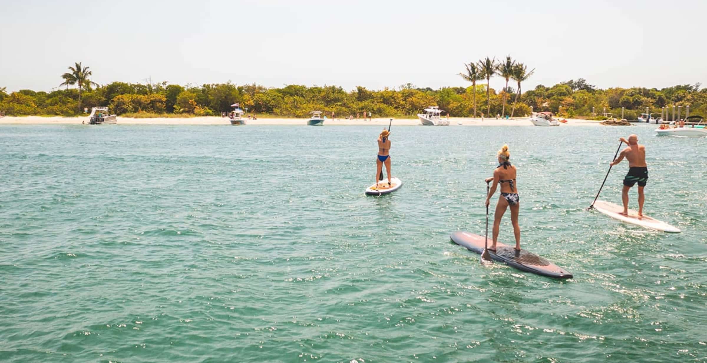 3 personnes faisant du paddle