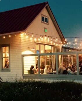 restaurant with string lights outside